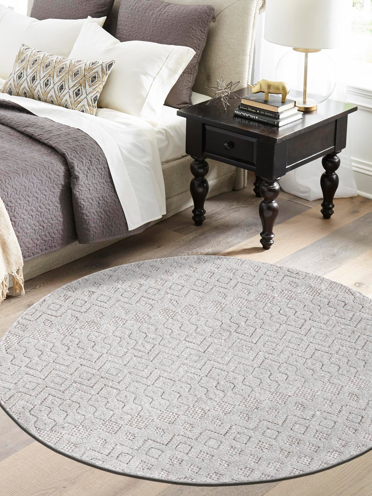 Grey 3' x 3' Outdoor Trellis Textured Round Area Rug Weather Resistant for Patio, Deck, Terrace, Balcony, Porch Geometric Design Water Safe Outside Carpet for Sale at Rug Engine