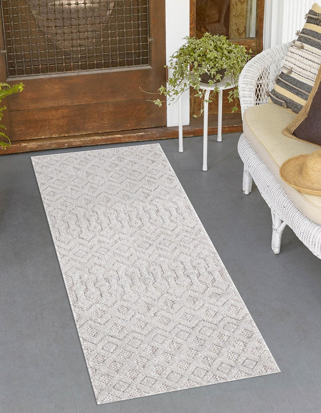 Grey 2' x 6' Outdoor Trellis Textured Runner Area Rug Weather Resistant for Patio, Deck, Terrace, Balcony, Porch Geometric Design Water Safe Outside Carpet for Sale at Rug Engine