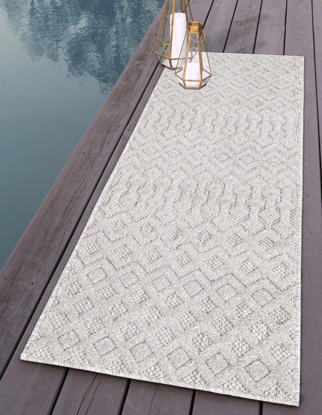 Grey 2' x 6' Outdoor Trellis Textured Runner Area Rug Weather Resistant for Patio, Deck, Terrace, Balcony, Porch Geometric Design Water Safe Outside Carpet for Sale at Rug Engine