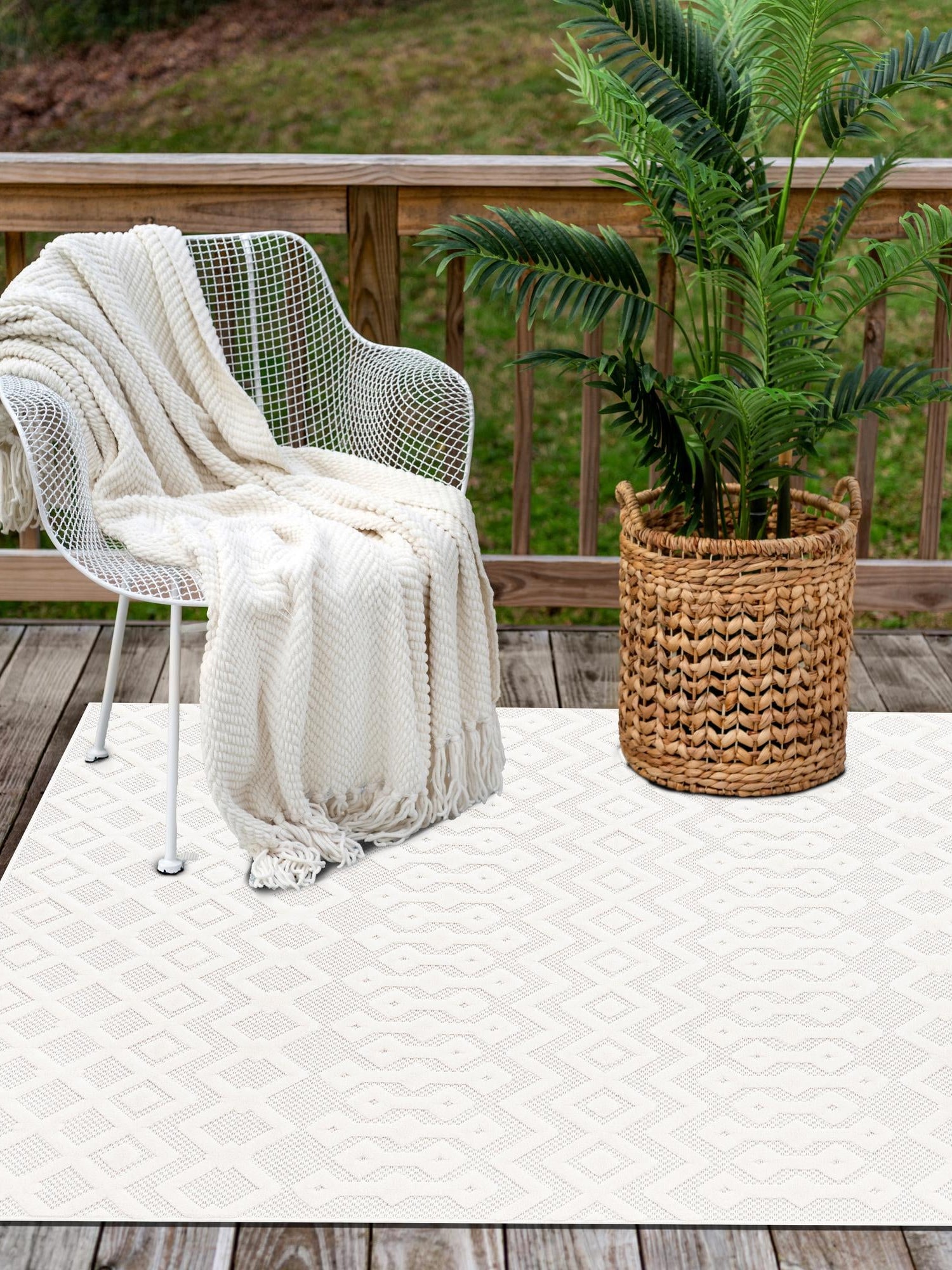 Ivory 9' x 12' Outdoor Trellis Textured Rectangle Area Rug Weather Resistant for Patio, Deck, Terrace, Balcony, Porch Geometric Design Water Safe Outside Carpet for Sale at Rug Engine