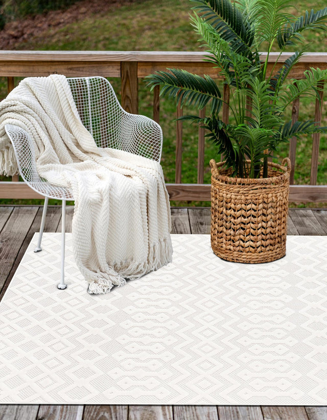 Ivory 9' x 12' Outdoor Trellis Textured Rectangle Area Rug Weather Resistant for Patio, Deck, Terrace, Balcony, Porch Geometric Design Water Safe Outside Carpet for Sale at Rug Engine