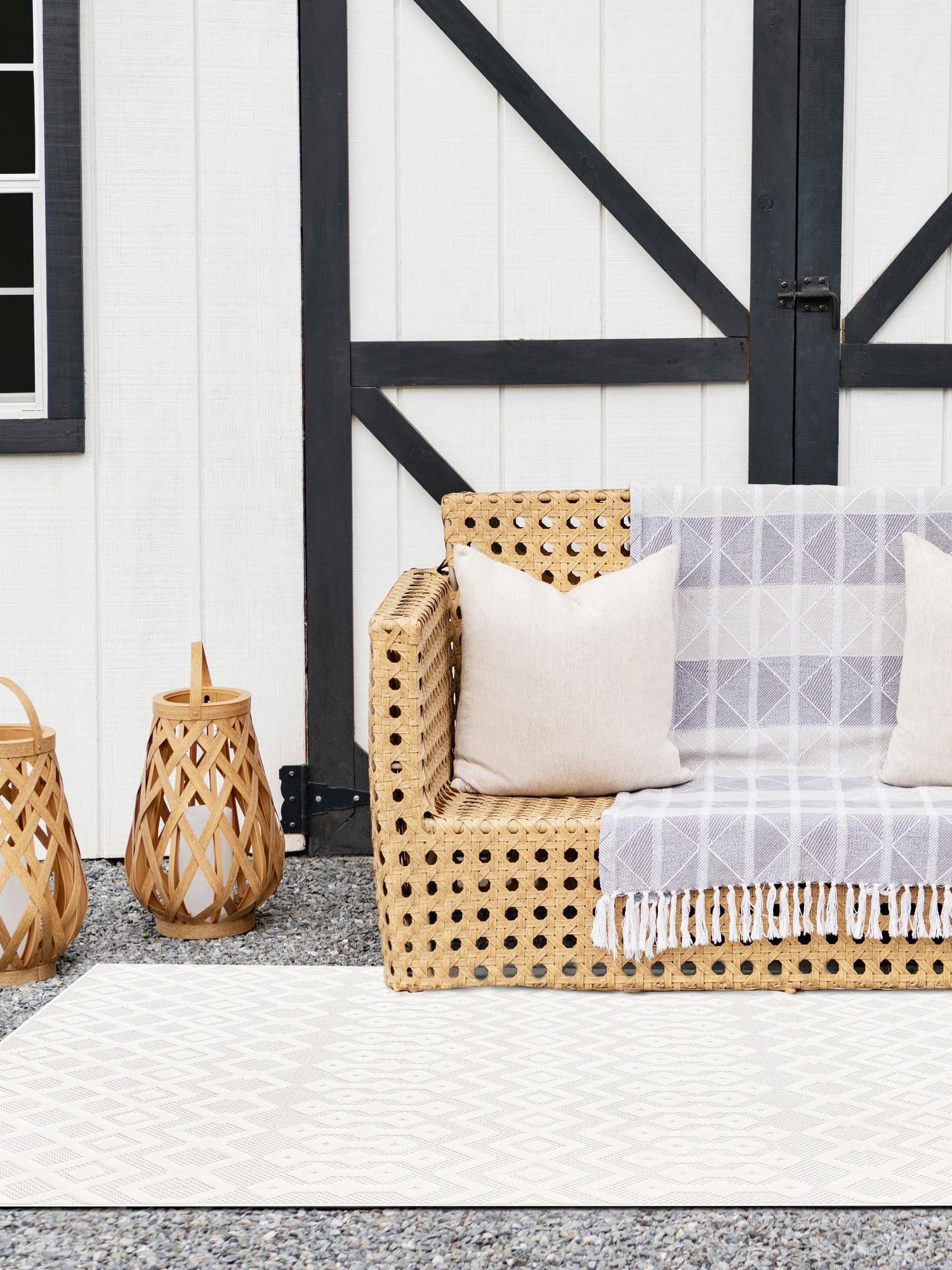 Ivory 5' 3 x 8' Outdoor Trellis Textured Rectangle Area Rug Weather Resistant for Patio, Deck, Terrace, Balcony, Porch Geometric Design Water Safe Outside Carpet for Sale at Rug Engine