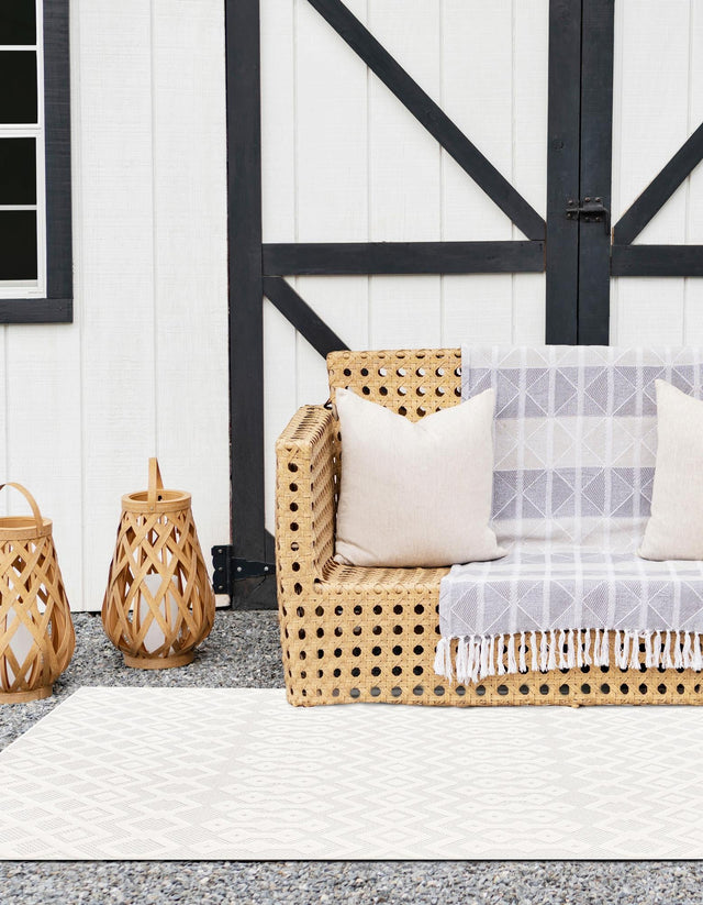 Ivory 9' x 12' Outdoor Trellis Textured Rectangle Area Rug Weather Resistant for Patio, Deck, Terrace, Balcony, Porch Geometric Design Water Safe Outside Carpet for Sale at Rug Engine