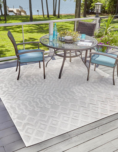 Ivory 7' 10 x 7' 10 Outdoor Trellis Textured Square Area Rug Weather Resistant for Patio, Deck, Terrace, Balcony, Porch Geometric Design Water Safe Outside Carpet for Sale at Rug Engine