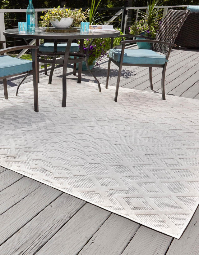 Ivory 7' 10 x 7' 10 Outdoor Trellis Textured Square Area Rug Weather Resistant for Patio, Deck, Terrace, Balcony, Porch Geometric Design Water Safe Outside Carpet for Sale at Rug Engine