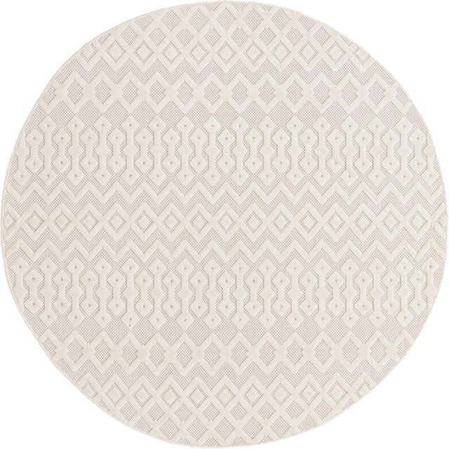 Ivory 7' x 7' Outdoor Trellis Textured Round Area Rug Weather Resistant for Patio, Deck, Terrace, Balcony, Porch Geometric Design Water Safe Outside Carpet for Sale at Rug Engine