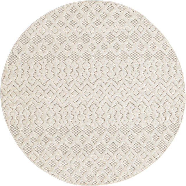 Ivory 5' 3 x 5' 3 Outdoor Trellis Textured Round Area Rug Weather Resistant for Patio, Deck, Terrace, Balcony, Porch Geometric Design Water Safe Outside Carpet for Sale at Rug Engine