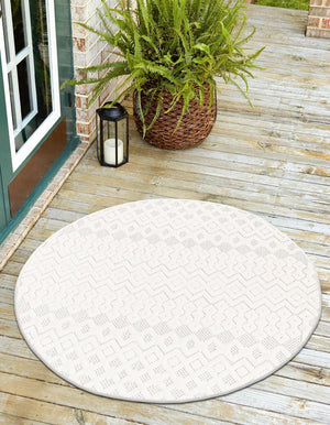 Ivory 5' 3 x 5' 3 Outdoor Trellis Textured Round Area Rug Weather Resistant for Patio, Deck, Terrace, Balcony, Porch Geometric Design Water Safe Outside Carpet for Sale at Rug Engine
