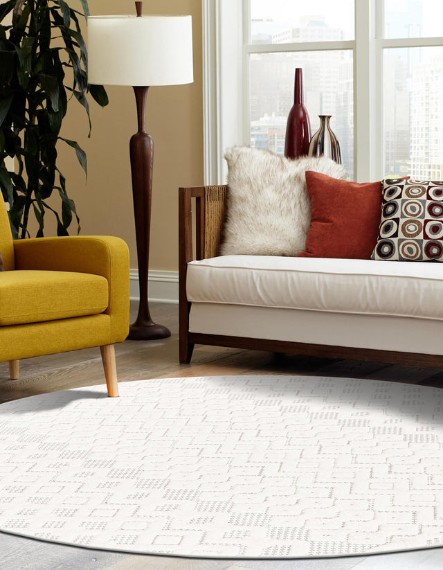 Ivory 5' 3 x 5' 3 Outdoor Trellis Textured Round Area Rug Weather Resistant for Patio, Deck, Terrace, Balcony, Porch Geometric Design Water Safe Outside Carpet for Sale at Rug Engine