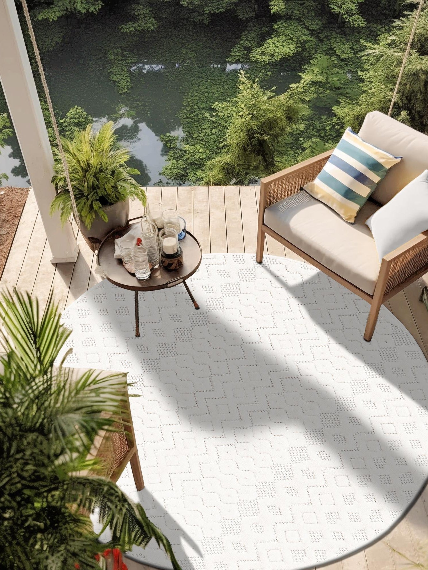 Ivory 3' x 3' Outdoor Trellis Textured Round Area Rug Weather Resistant for Patio, Deck, Terrace, Balcony, Porch Geometric Design Water Safe Outside Carpet for Sale at Rug Engine