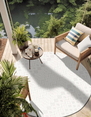 Ivory 4' x 4' Outdoor Trellis Textured Round Area Rug Weather Resistant for Patio, Deck, Terrace, Balcony, Porch Geometric Design Water Safe Outside Carpet for Sale at Rug Engine