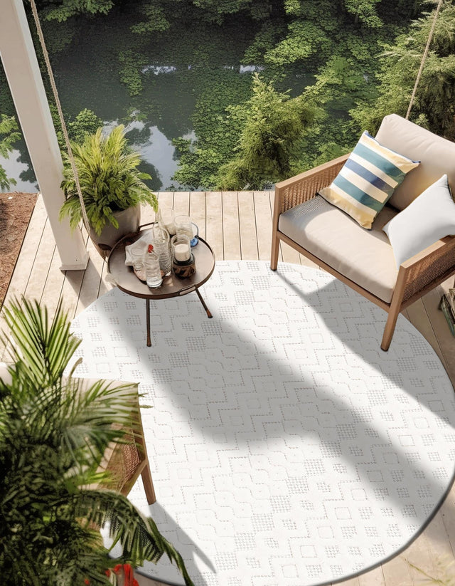 Ivory 4' x 4' Outdoor Trellis Textured Round Area Rug Weather Resistant for Patio, Deck, Terrace, Balcony, Porch Geometric Design Water Safe Outside Carpet for Sale at Rug Engine