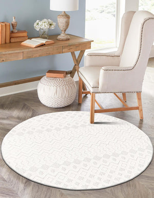 Ivory 5' 3 x 5' 3 Outdoor Trellis Textured Round Area Rug Weather Resistant for Patio, Deck, Terrace, Balcony, Porch Geometric Design Water Safe Outside Carpet for Sale at Rug Engine