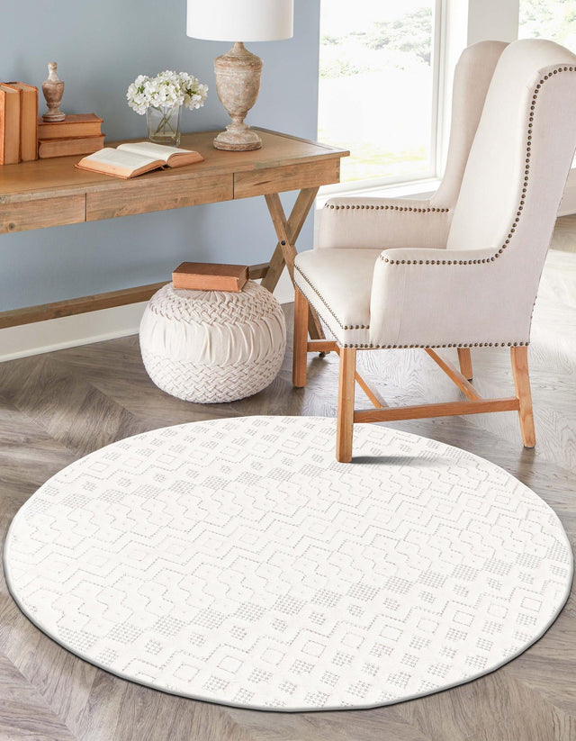Ivory 4' x 4' Outdoor Trellis Textured Round Area Rug Weather Resistant for Patio, Deck, Terrace, Balcony, Porch Geometric Design Water Safe Outside Carpet for Sale at Rug Engine