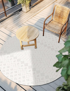Ivory 5' 3 x 5' 3 Outdoor Trellis Textured Round Area Rug Weather Resistant for Patio, Deck, Terrace, Balcony, Porch Geometric Design Water Safe Outside Carpet for Sale at Rug Engine