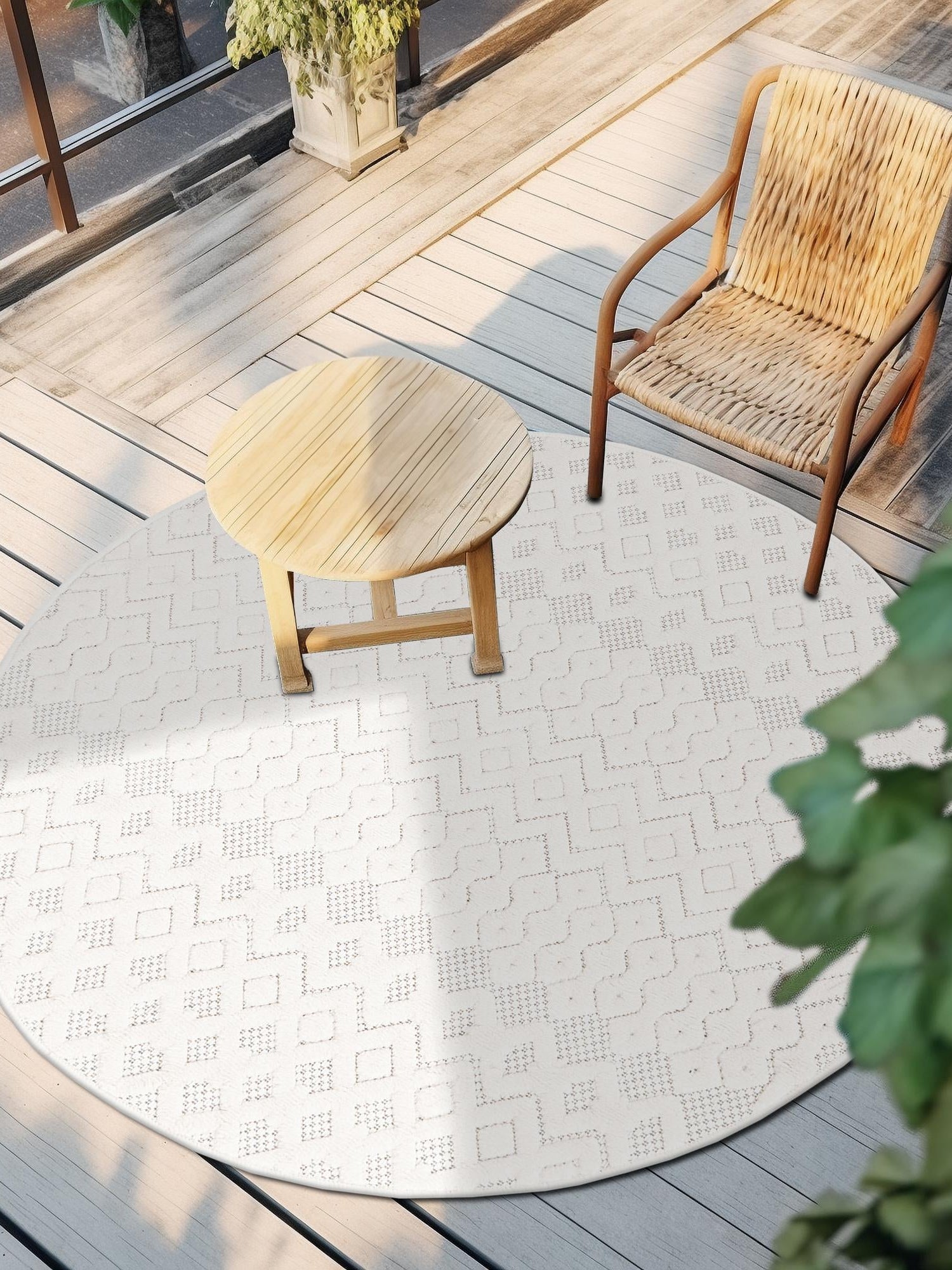 Ivory 3' x 3' Outdoor Trellis Textured Round Area Rug Weather Resistant for Patio, Deck, Terrace, Balcony, Porch Geometric Design Water Safe Outside Carpet for Sale at Rug Engine