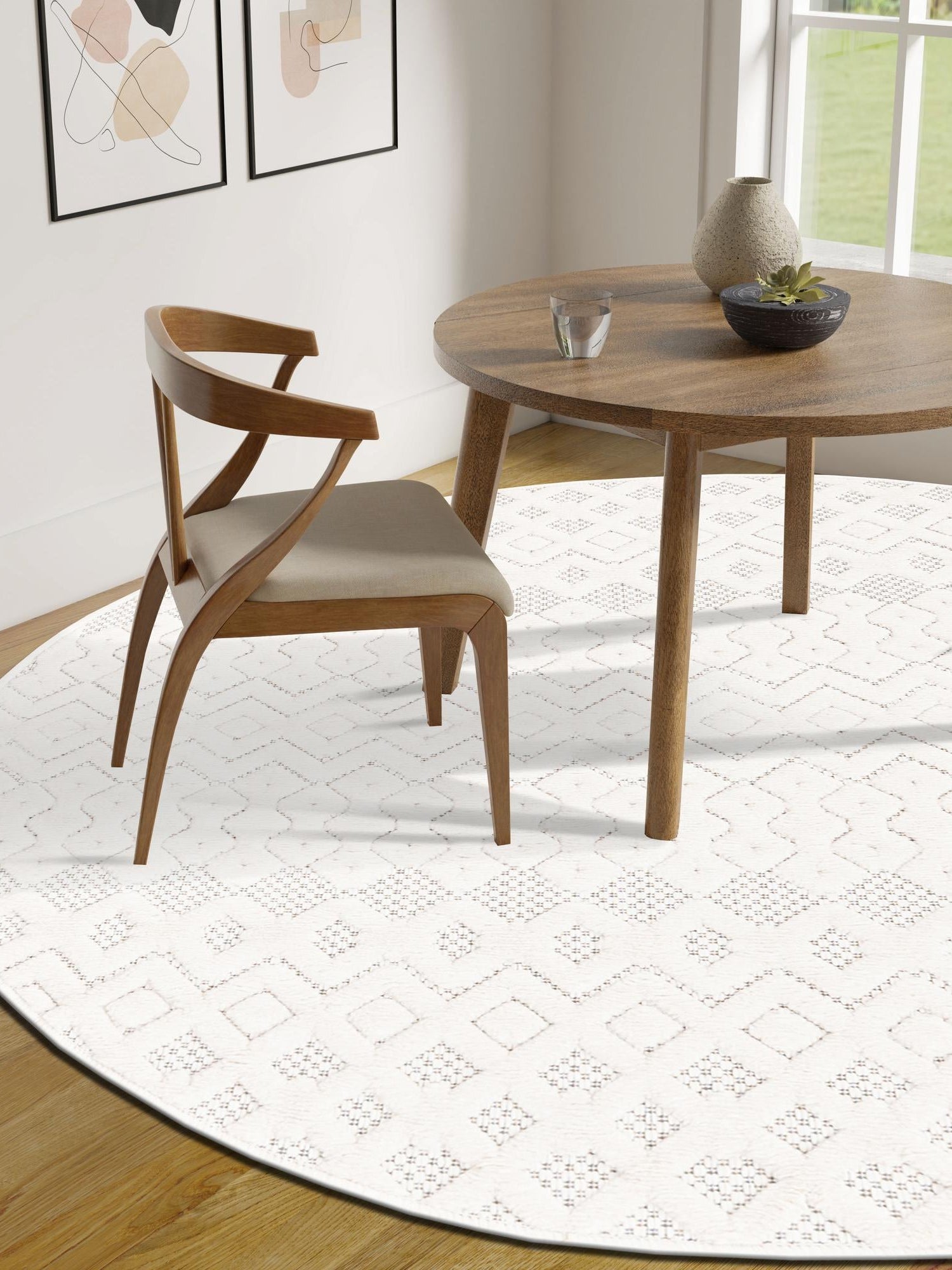 Ivory 4' x 4' Outdoor Trellis Textured Round Area Rug Weather Resistant for Patio, Deck, Terrace, Balcony, Porch Geometric Design Water Safe Outside Carpet for Sale at Rug Engine