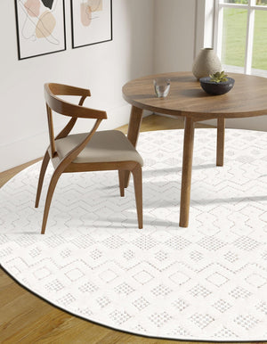 Ivory 7' x 7' Outdoor Trellis Textured Round Area Rug Weather Resistant for Patio, Deck, Terrace, Balcony, Porch Geometric Design Water Safe Outside Carpet for Sale at Rug Engine