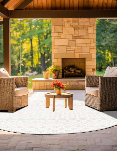 Ivory 7' x 7' Outdoor Trellis Textured Round Area Rug Weather Resistant for Patio, Deck, Terrace, Balcony, Porch Geometric Design Water Safe Outside Carpet for Sale at Rug Engine