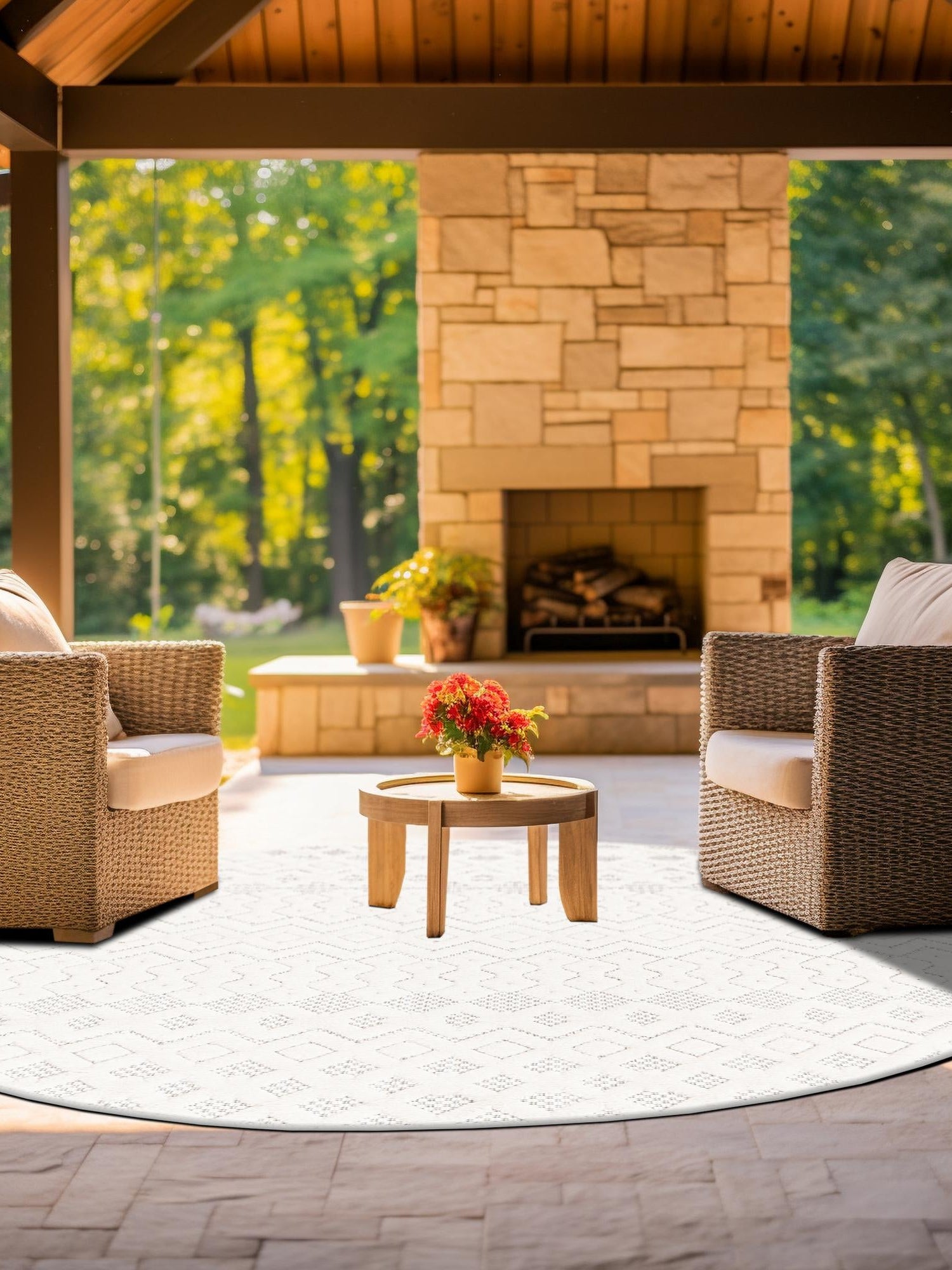 Ivory 3' x 3' Outdoor Trellis Textured Round Area Rug Weather Resistant for Patio, Deck, Terrace, Balcony, Porch Geometric Design Water Safe Outside Carpet for Sale at Rug Engine