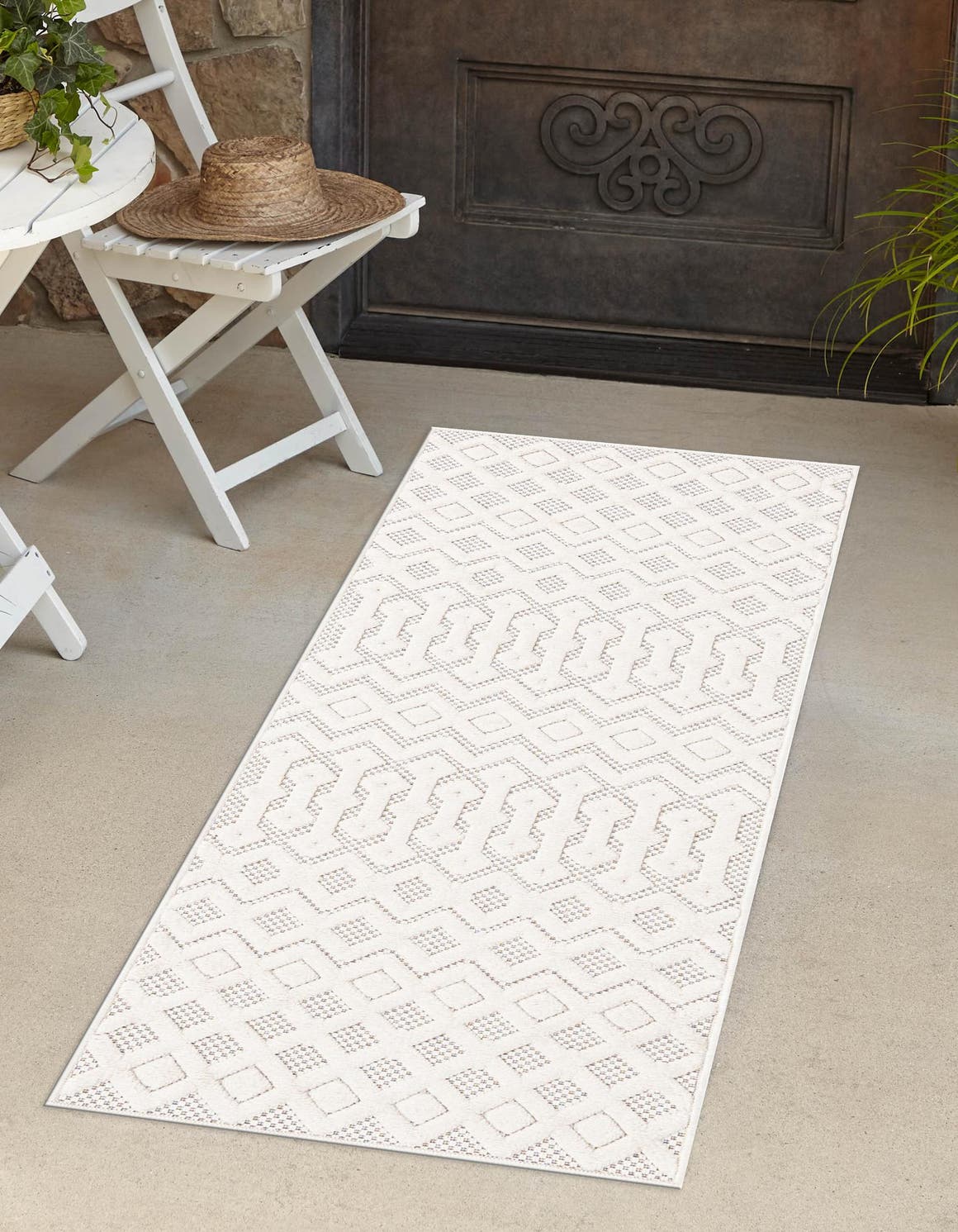 Ivory 2' x 8' Outdoor Trellis Textured Runner Area Rug Weather Resistant for Patio, Deck, Terrace, Balcony, Porch Geometric Design Water Safe Outside Carpet for Sale at Rug Engine