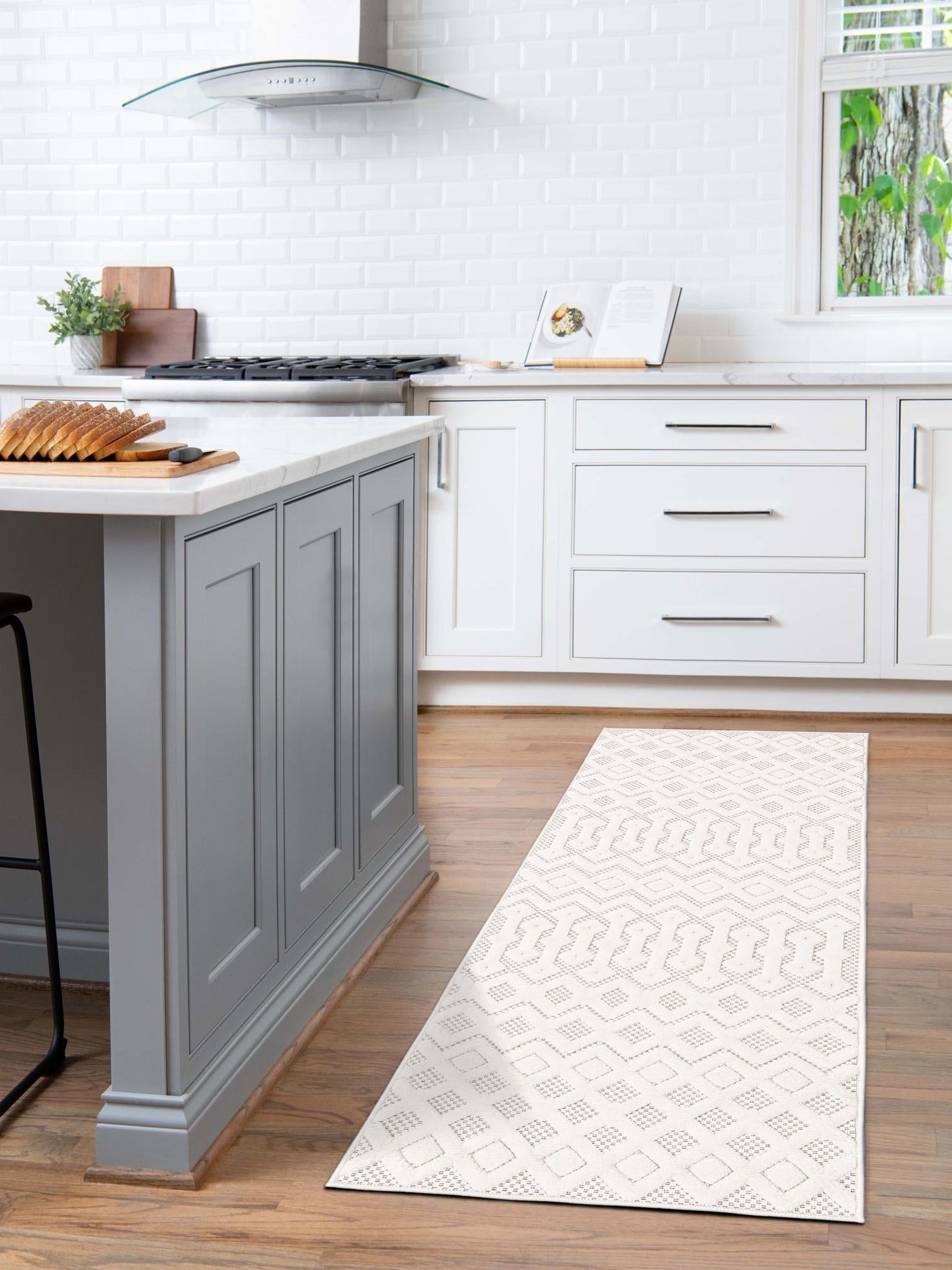 Ivory 2' x 6' Outdoor Trellis Textured Runner Area Rug Weather Resistant for Patio, Deck, Terrace, Balcony, Porch Geometric Design Water Safe Outside Carpet for Sale at Rug Engine