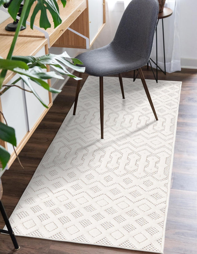 Ivory 2' x 6' Outdoor Trellis Textured Runner Area Rug Weather Resistant for Patio, Deck, Terrace, Balcony, Porch Geometric Design Water Safe Outside Carpet for Sale at Rug Engine