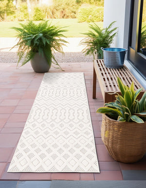 Ivory 2' x 8' Outdoor Trellis Textured Runner Area Rug Weather Resistant for Patio, Deck, Terrace, Balcony, Porch Geometric Design Water Safe Outside Carpet for Sale at Rug Engine