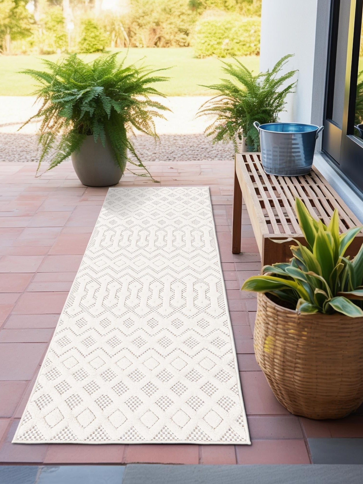 Ivory 2' x 6' Outdoor Trellis Textured Runner Area Rug Weather Resistant for Patio, Deck, Terrace, Balcony, Porch Geometric Design Water Safe Outside Carpet for Sale at Rug Engine
