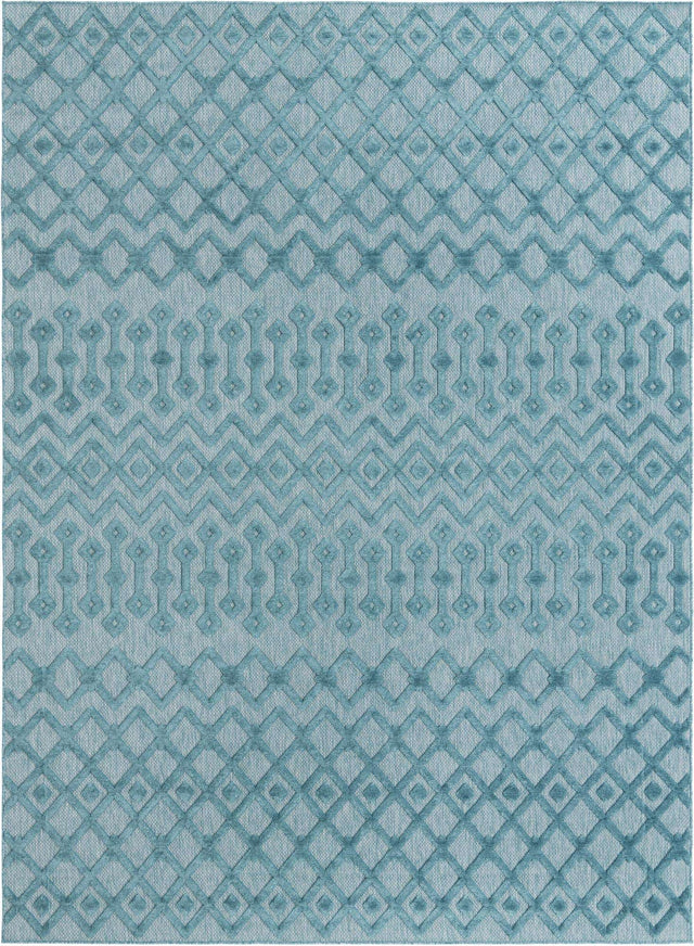 Aqua 9' x 12' Outdoor Trellis Textured Rectangle Area Rug Weather Resistant for Patio, Deck, Terrace, Balcony, Porch Geometric Design Water Safe Outside Carpet for Sale at Rug Engine