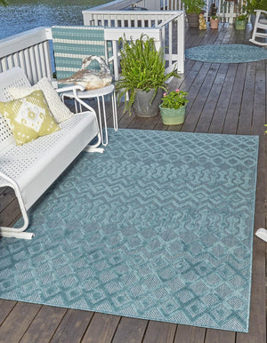 Aqua 7' 10 x 10' Outdoor Trellis Textured Rectangle Area Rug Weather Resistant for Patio, Deck, Terrace, Balcony, Porch Geometric Design Water Safe Outside Carpet for Sale at Rug Engine
