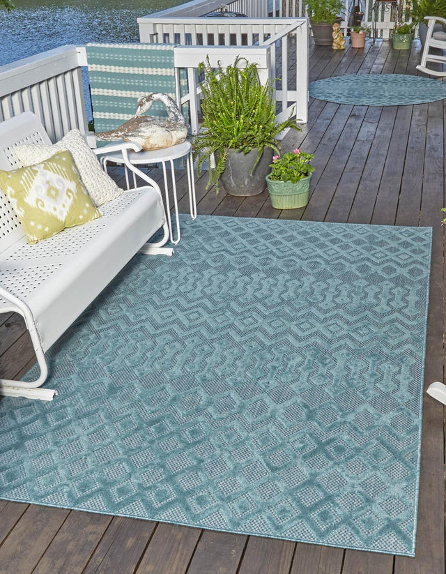 Aqua 7' 10 x 10' Outdoor Trellis Textured Rectangle Area Rug Weather Resistant for Patio, Deck, Terrace, Balcony, Porch Geometric Design Water Safe Outside Carpet for Sale at Rug Engine