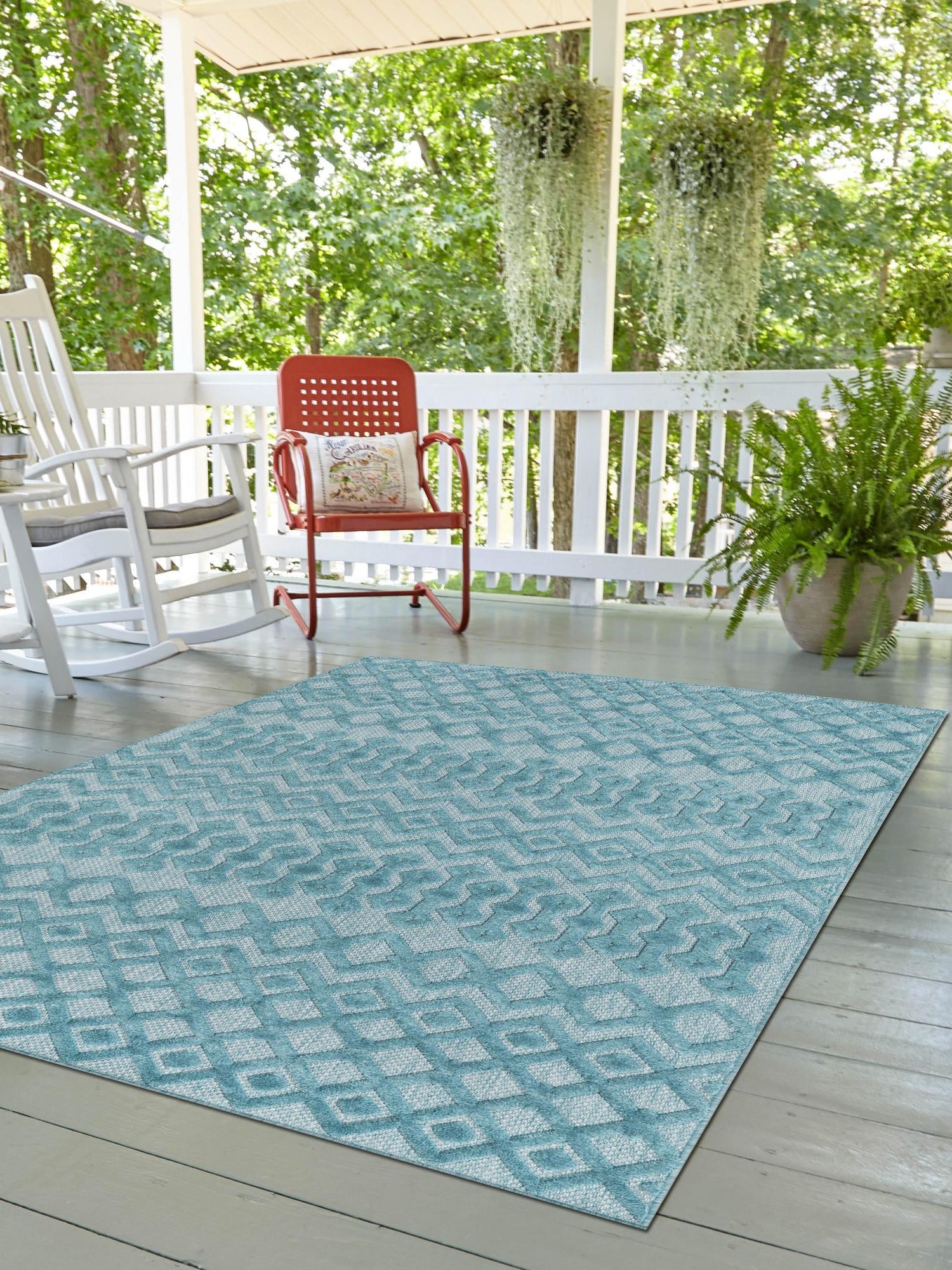 Aqua 9' x 12' Outdoor Trellis Textured Rectangle Area Rug Weather Resistant for Patio, Deck, Terrace, Balcony, Porch Geometric Design Water Safe Outside Carpet for Sale at Rug Engine