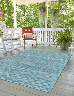 Aqua 9' x 12' Outdoor Trellis Textured Rectangle Area Rug Weather Resistant for Patio, Deck, Terrace, Balcony, Porch Geometric Design Water Safe Outside Carpet for Sale at Rug Engine