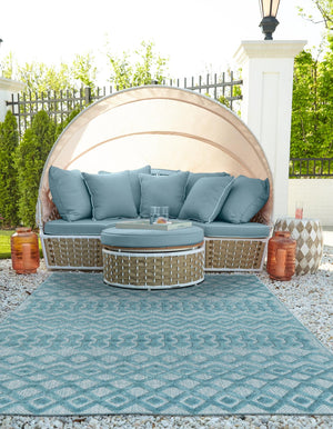 Aqua 7' 10 x 10' Outdoor Trellis Textured Rectangle Area Rug Weather Resistant for Patio, Deck, Terrace, Balcony, Porch Geometric Design Water Safe Outside Carpet for Sale at Rug Engine
