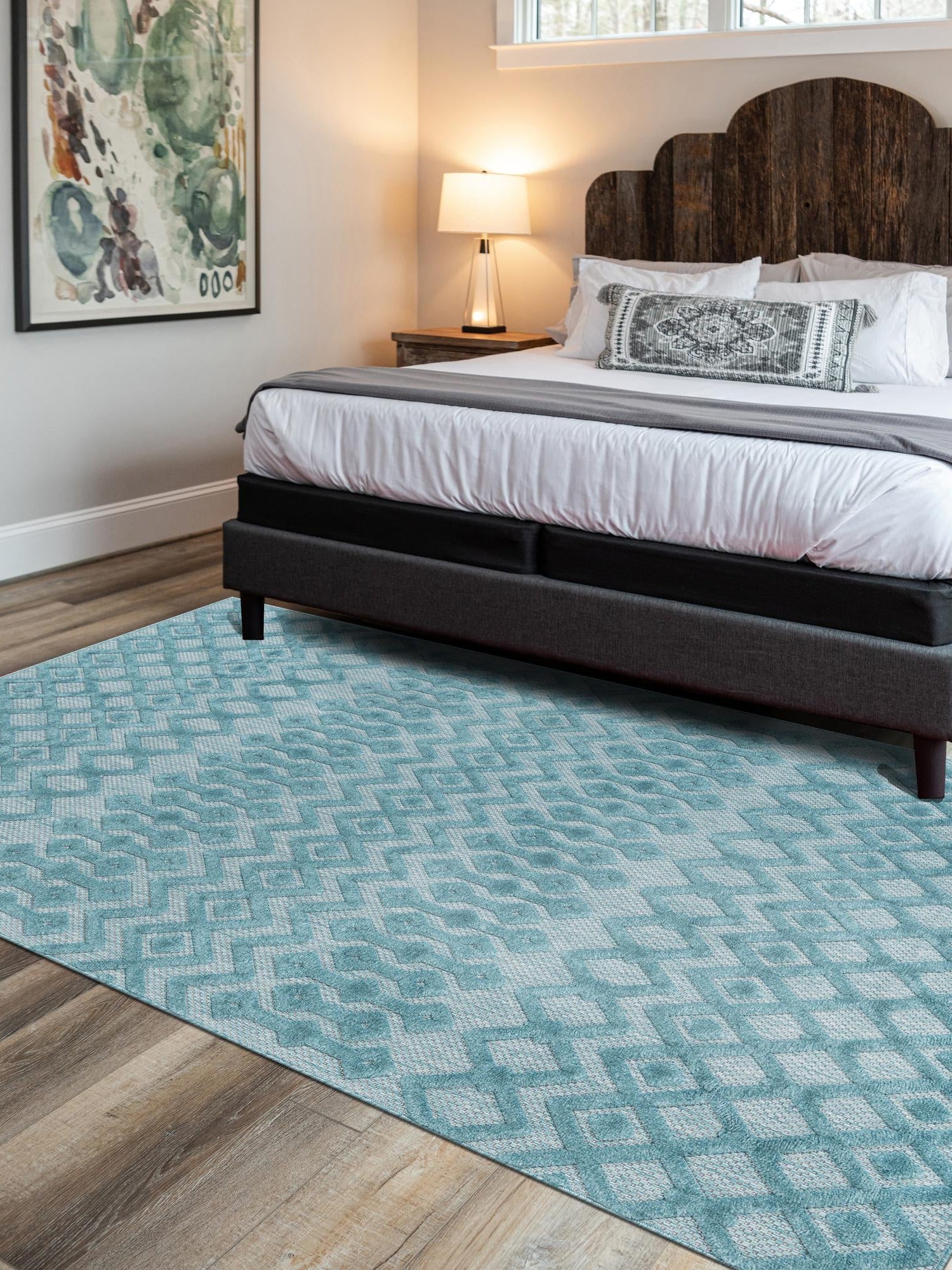 Aqua 5' 3 x 8' Outdoor Trellis Textured Rectangle Area Rug Weather Resistant for Patio, Deck, Terrace, Balcony, Porch Geometric Design Water Safe Outside Carpet for Sale at Rug Engine