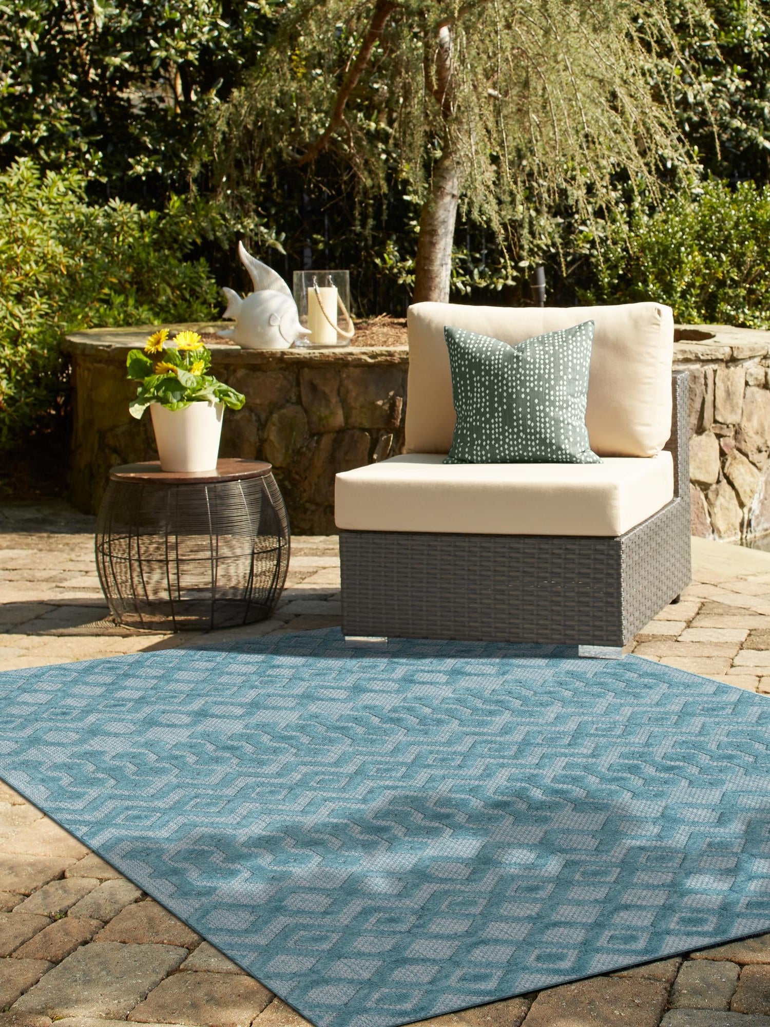 Aqua 9' x 12' Outdoor Trellis Textured Rectangle Area Rug Weather Resistant for Patio, Deck, Terrace, Balcony, Porch Geometric Design Water Safe Outside Carpet for Sale at Rug Engine