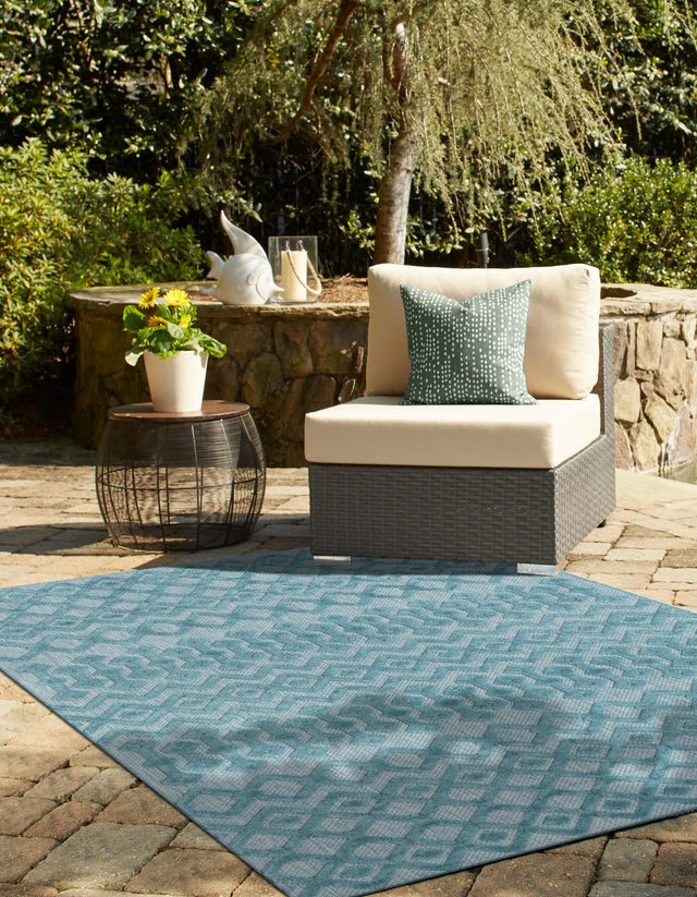 Aqua 9' x 12' Outdoor Trellis Textured Rectangle Area Rug Weather Resistant for Patio, Deck, Terrace, Balcony, Porch Geometric Design Water Safe Outside Carpet for Sale at Rug Engine