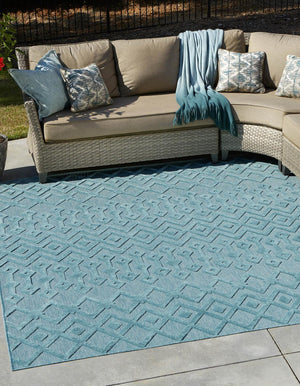 Aqua 7' 10 x 7' 10 Outdoor Trellis Textured Square Area Rug Weather Resistant for Patio, Deck, Terrace, Balcony, Porch Geometric Design Water Safe Outside Carpet for Sale at Rug Engine