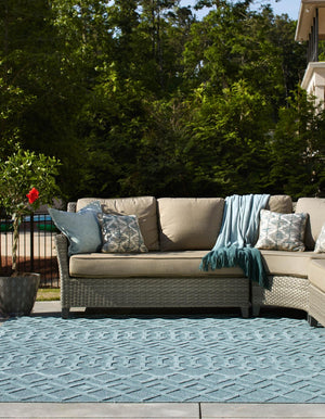 Aqua 7' 10 x 7' 10 Outdoor Trellis Textured Square Area Rug Weather Resistant for Patio, Deck, Terrace, Balcony, Porch Geometric Design Water Safe Outside Carpet for Sale at Rug Engine