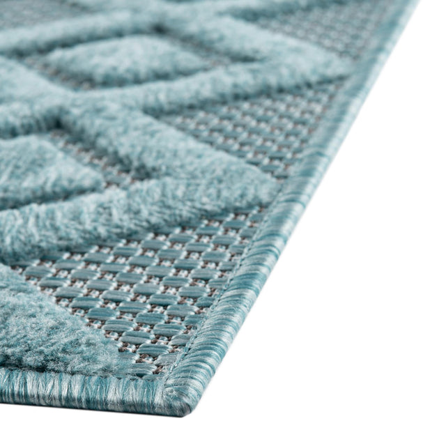 Aqua 7' 10 x 7' 10 Outdoor Trellis Textured Square Area Rug Weather Resistant for Patio, Deck, Terrace, Balcony, Porch Geometric Design Water Safe Outside Carpet for Sale at Rug Engine