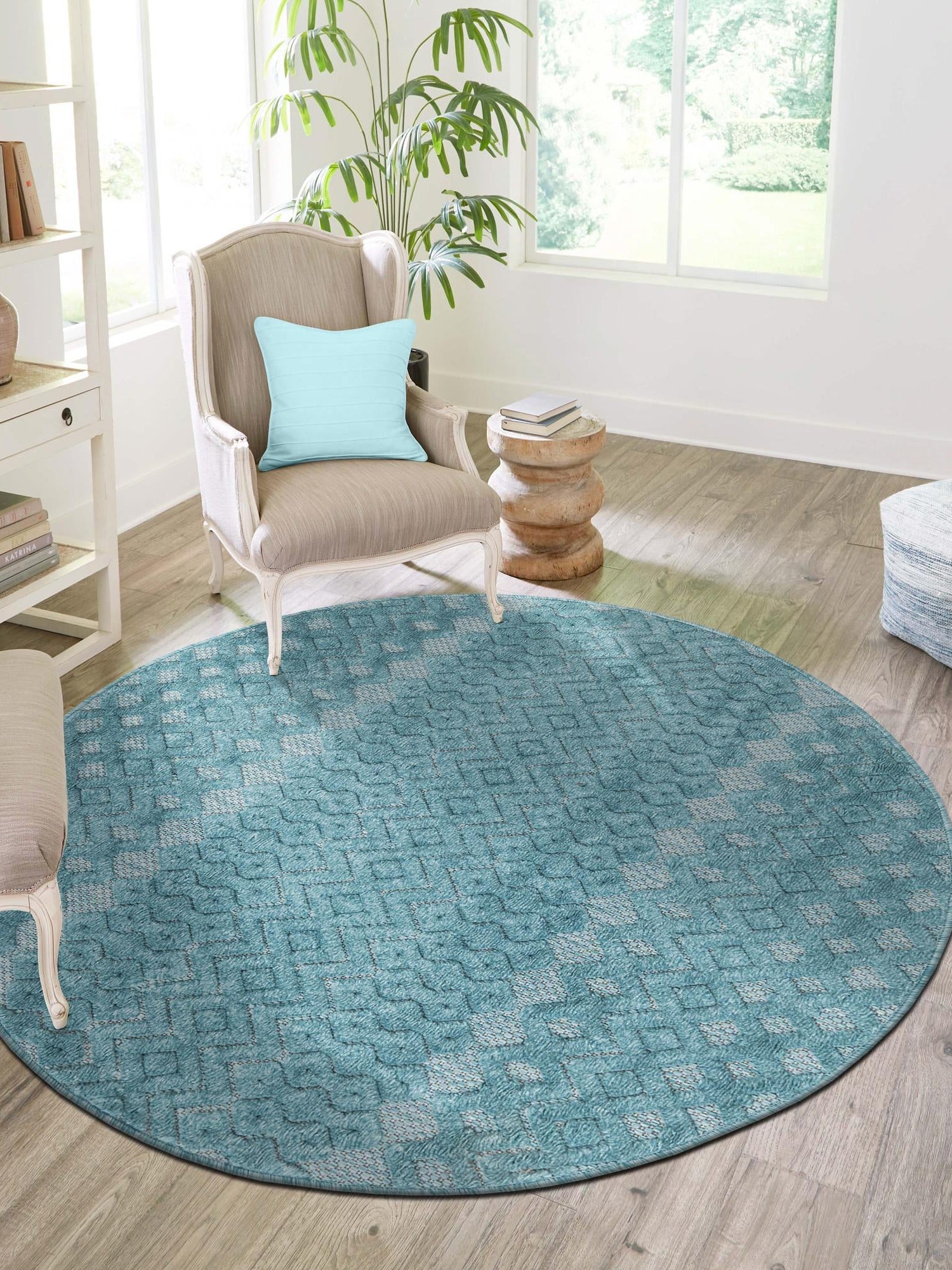 Aqua 5' 3 x 5' 3 Outdoor Trellis Textured Round Area Rug Weather Resistant for Patio, Deck, Terrace, Balcony, Porch Geometric Design Water Safe Outside Carpet for Sale at Rug Engine