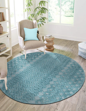 Aqua 5' 3 x 5' 3 Outdoor Trellis Textured Round Area Rug Weather Resistant for Patio, Deck, Terrace, Balcony, Porch Geometric Design Water Safe Outside Carpet for Sale at Rug Engine
