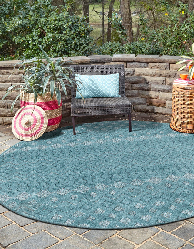 Aqua 5' 3 x 5' 3 Outdoor Trellis Textured Round Area Rug Weather Resistant for Patio, Deck, Terrace, Balcony, Porch Geometric Design Water Safe Outside Carpet for Sale at Rug Engine