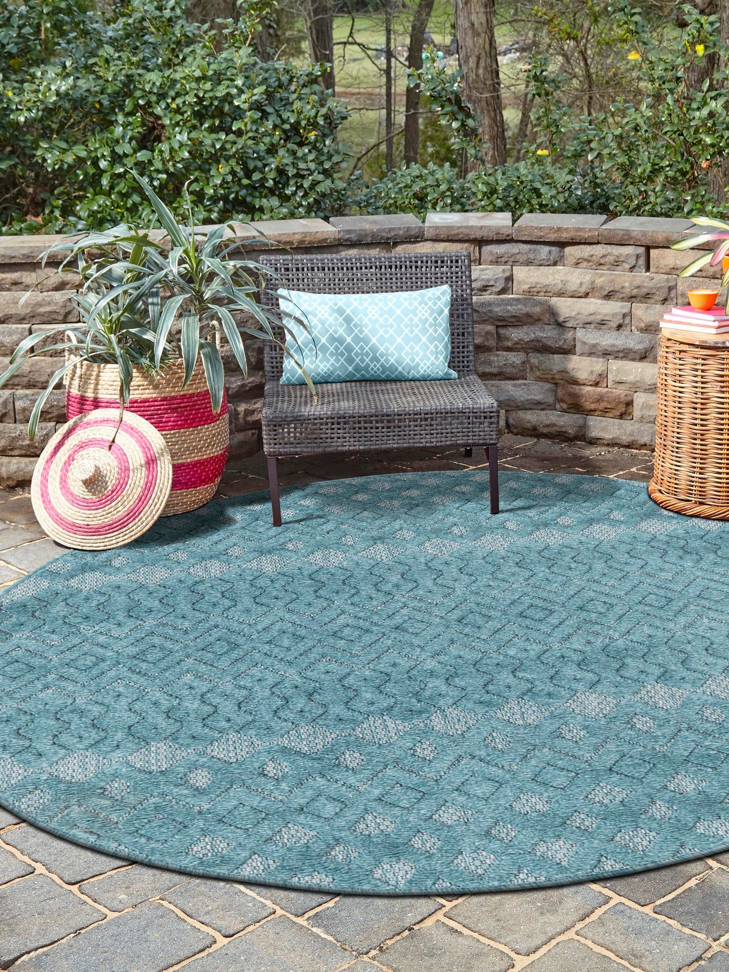 Aqua 4' x 4' Outdoor Trellis Textured Round Area Rug Weather Resistant for Patio, Deck, Terrace, Balcony, Porch Geometric Design Water Safe Outside Carpet for Sale at Rug Engine
