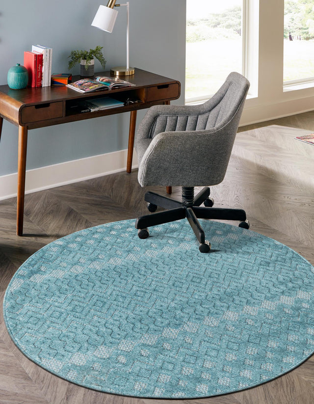 Aqua 5' 3 x 5' 3 Outdoor Trellis Textured Round Area Rug Weather Resistant for Patio, Deck, Terrace, Balcony, Porch Geometric Design Water Safe Outside Carpet for Sale at Rug Engine