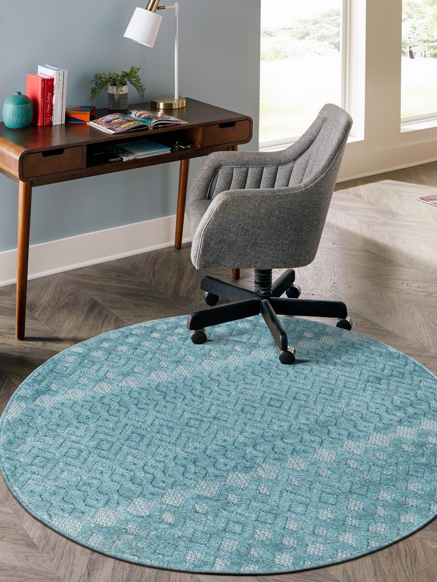 Aqua 4' x 4' Outdoor Trellis Textured Round Area Rug Weather Resistant for Patio, Deck, Terrace, Balcony, Porch Geometric Design Water Safe Outside Carpet for Sale at Rug Engine
