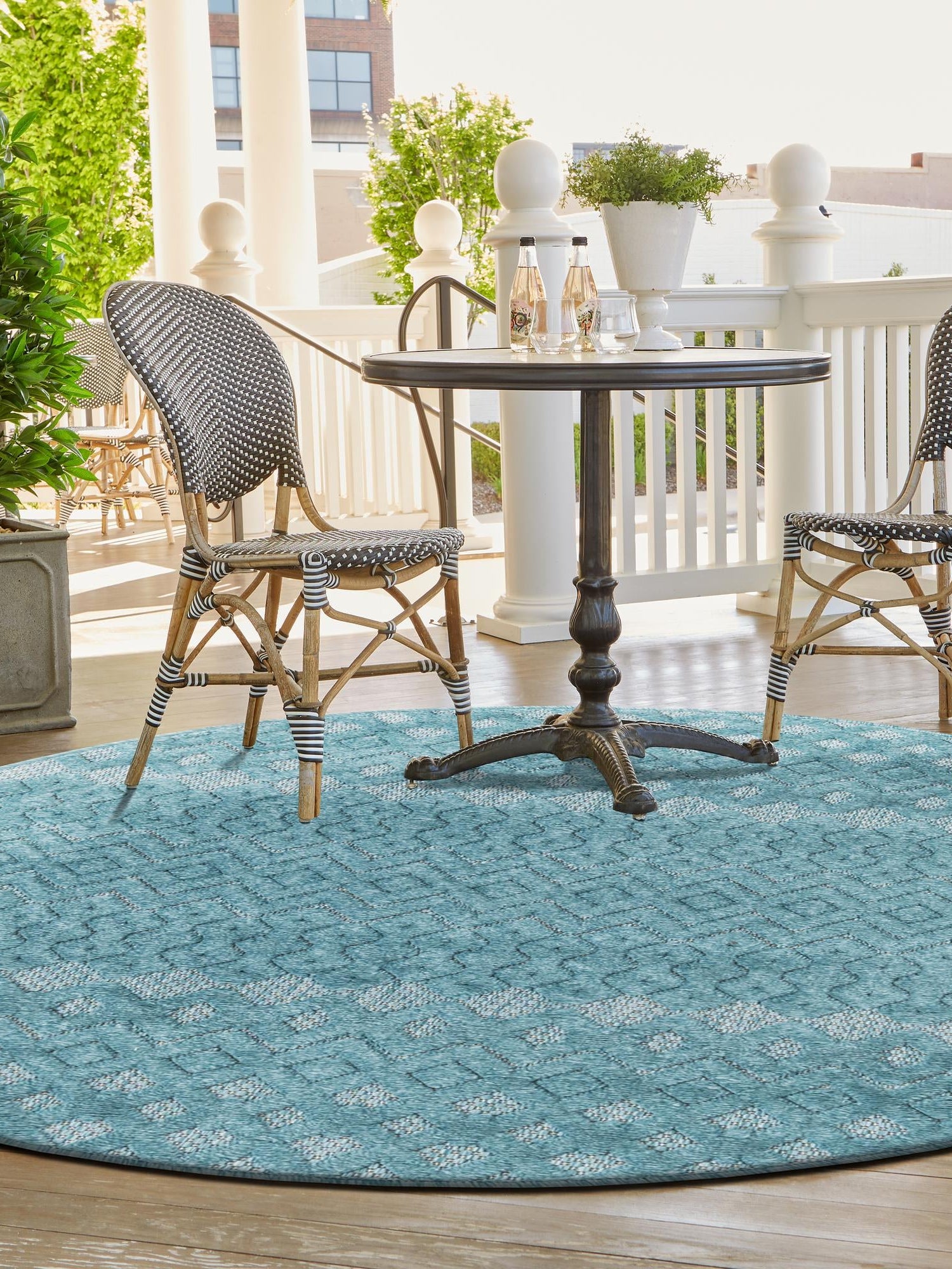 Aqua 4' x 4' Outdoor Trellis Textured Round Area Rug Weather Resistant for Patio, Deck, Terrace, Balcony, Porch Geometric Design Water Safe Outside Carpet for Sale at Rug Engine