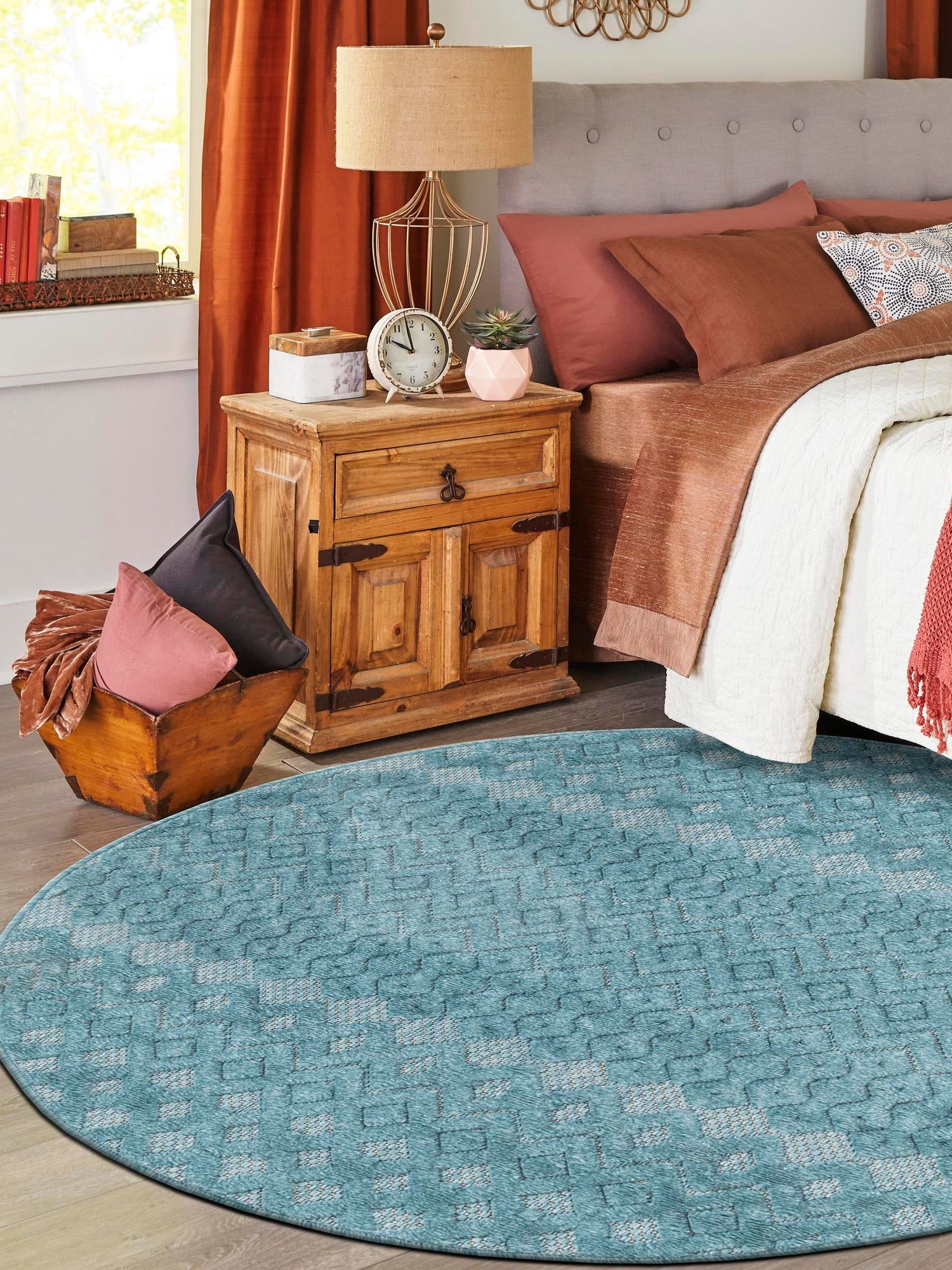 Aqua 4' x 4' Outdoor Trellis Textured Round Area Rug Weather Resistant for Patio, Deck, Terrace, Balcony, Porch Geometric Design Water Safe Outside Carpet for Sale at Rug Engine