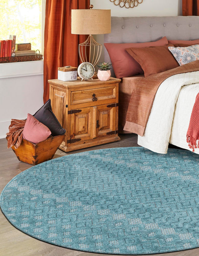 Aqua 4' x 4' Outdoor Trellis Textured Round Area Rug Weather Resistant for Patio, Deck, Terrace, Balcony, Porch Geometric Design Water Safe Outside Carpet for Sale at Rug Engine